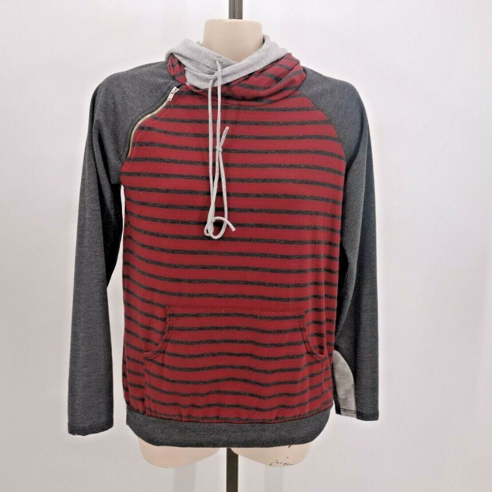 7th Ray Maroon White Stripe Raglan Double Hoodie Long Sleeve Shirt Women's Small
